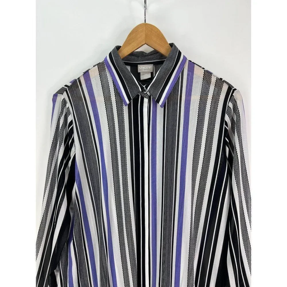 Chico's Travelers sz 2 P womens L Long sleeve semi sheer striped button up top - Picture 2 of 6
